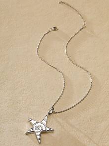 Nocturel 1pc Fashionable Retro Technology Feeling Starfish Pentagram Pendant Silver-Colored Necklace Sweater Chain - Silver - View 2