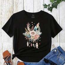 Camisetas Casuales de Alta Calidad en Tallas Grandes, Camisetas de Algodón Transpirable para Mujer, Camisetas con Estampado Floral, Artículos Versátiles Unisex de Moda - Negro - Ver 8