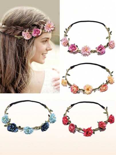 4 chiếc băng đô hoa phong cách Bohemian cho nữ, vòng hoa cúc họa mi và hoa hồng nhân tạo, phụ kiện tóc cho kỳ nghỉ Hawaii