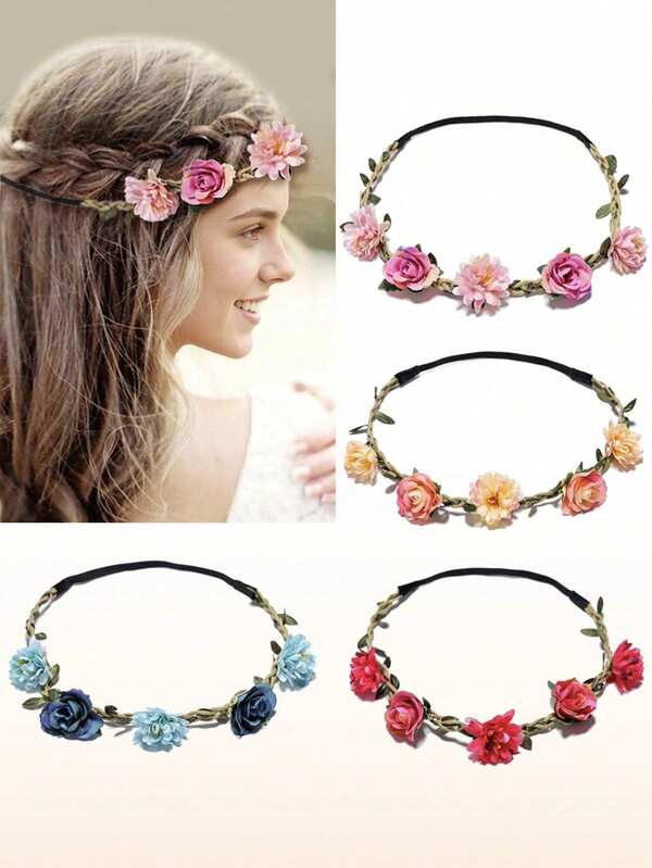 4 chiếc băng đô hoa phong cách Bohemian cho nữ, vòng hoa cúc họa mi và hoa hồng nhân tạo, phụ kiện tóc cho kỳ nghỉ Hawaii