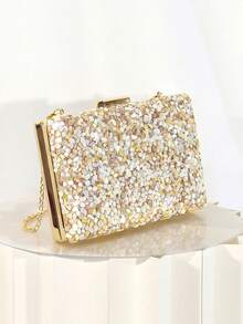 Bolso de mano de noche de lujo con concha y strass, bolso de hombro con cadena dorada adecuado para bodas y fiestas - Champán - Ver 4