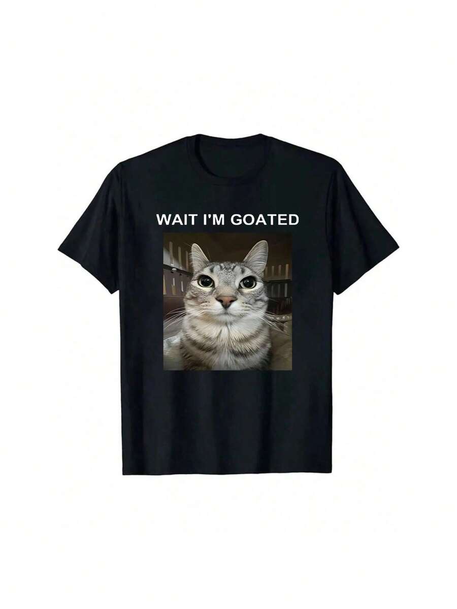 Wait i'm Goated Print Men's Plus Size Casual Short Sleeve T-Shirt, Lightweight Comfortable Summer Top - Preto - Ver 1