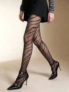 1 Paio di calze velate nere con motivo a righe metallizzate argentate a zebra, eleganti e sexy, adatte per uso quotidiano - Multicolore - Visualizzare 4