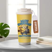 Miniso Caneca térmica Minions com alça de pulso, design com câmera e frase "Faça de cada dia uma obra-prima", feita em aço inoxidável, com tampa, para duas bebidas e muito resistente. - Multicolorido - Ver 5