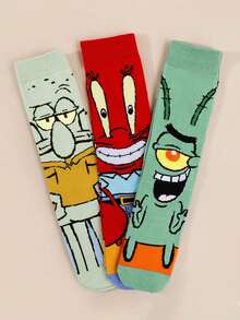 SpongeBob SquarePants 5雙隨機款 SquarePants 卡通中筒襪，適合街頭風與休閒穿搭，可愛校服與日常穿著 - 彩色 - 查看 3