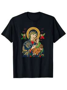 Men's Religious T-Shirt With Byzantine Icon "Eternal Help" Of The Virgin Mary And Jesus Christ - Breathable Christian Clothing, Suitable For Church And Casual Daily Wear, H-Shaped Crew Neck, Machine Washable, Religious Devotional Gift For Men - 黑色 - 查看 1