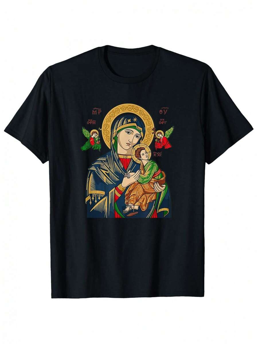 Men's Religious T-Shirt With Byzantine Icon "Eternal Help" Of The Virgin Mary And Jesus Christ - Breathable Christian Clothing, Suitable For Church And Casual Daily Wear, H-Shaped Crew Neck, Machine Washable, Religious Devotional Gift For Men - 黑色 - 查看 1