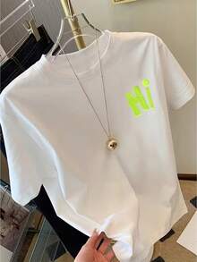 Short-Sleeved T-Shirt, 100% Cotton, With Front And Back Prints - Fluorescent Green - Fashionable Printed T-Shirt For Women, Perfect For Spring/Summer. Versatile And Casual, Suitable For All Seasons. Can Be Worn As A Base Layer In Spring And Autumn Or On Its Own In Summer. Unisex Style,  City-Boy Style Top Made Of Thick Cotton. - 白色 - 查看 3