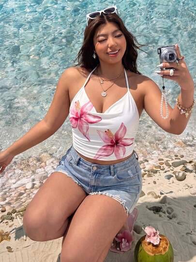 Áo hai dây crop top in họa tiết hoa nhiệt đới dành cho nữ, áo tank top ôm sát không tay, áo vest hở lưng gợi cảm cho kỳ nghỉ xuân/hè.