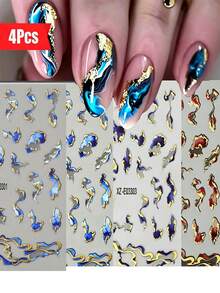 3/4/6Pcs 3D Marble Wave Line Nail Stickers Metallic Stripe Abstract Geometric Nail Art Decals Self Adhesive Slider Gold Foil Multiple Striped Design Nail Decoration Sticker For Women Girls Home & Salon Use - Multicolor - View 12