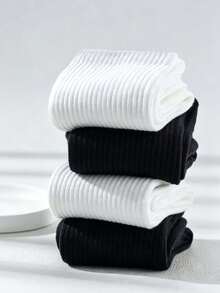 1/5/10 Pairs Unisex Black & White Solid Mid-Calf Socks, Fashionable Soft Breathable, Moisture-Wicking, Suitable For Daily Wear, Sports, All Seasons - Black and White - View 4