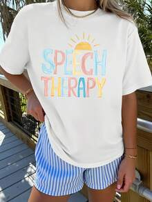 Unisex Short-Sleeved T-Shirt For Women. Soft, Breathable, Vintage, Speech, Relax Print, Round Neck. Suitable For Speech Therapists, Casual And Professional Wear. Spring, Summer, Autumn. T-Shirts Available In Sizes S To XXL. Men's, , Women's, Romwe, Men's, Boho Chic, Teachers' Gifts, T-Shirt For Curvy Women's Sets, Y2k. - 白色 - 查看 1