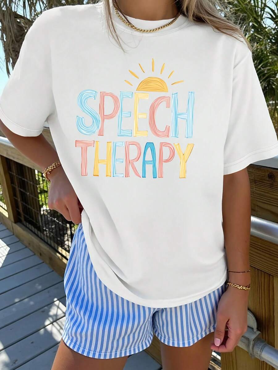 Unisex Short-Sleeved T-Shirt For Women. Soft, Breathable, Vintage, Speech, Relax Print, Round Neck. Suitable For Speech Therapists, Casual And Professional Wear. Spring, Summer, Autumn. T-Shirts Available In Sizes S To XXL. Men's, , Women's, Romwe, Men's, Boho Chic, Teachers' Gifts, T-Shirt For Curvy Women's Sets, Y2k. - 白色 - 查看 1