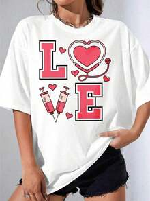 Black And White T-Shirt For Girls, Plus Size White T-Shirt With Heart Print, Stethoscope, And Syringe For Casual Wear And Medical-Themed Outfits, Printed T-Shirt For Outdoor Parties, Casual - 白色 - 查看 1