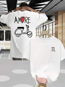 T-shirt d'été décontracté pour homme, manches courtes - Imprimé motif moto Italian Stallion AMORE sur le devant et le dos, transfert thermique 2D, 100 % polyester doux, tissu mesh respirant de haute qualité, style années 2000 - Blanc - Voir 2