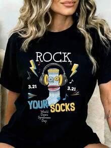 CottonRock Your Socks World T-Shirt For World Music Day, 3/21, Awareness Music Themed Clothing For Women And Children, Must-Have - 黑色 - 查看 1