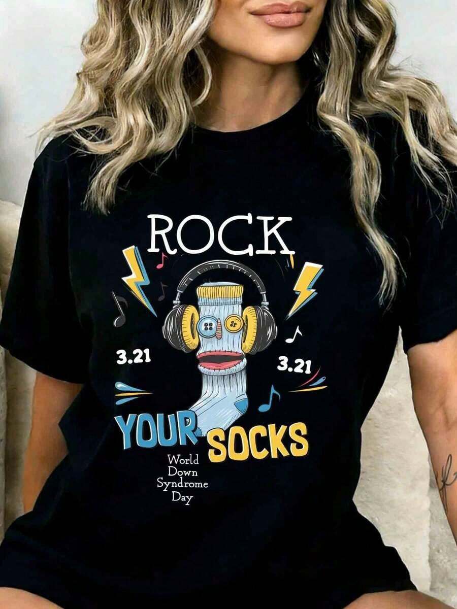 CottonRock Your Socks World T-Shirt For World Music Day, 3/21, Awareness Music Themed Clothing For Women And Children, Must-Have - 黑色 - 查看 1