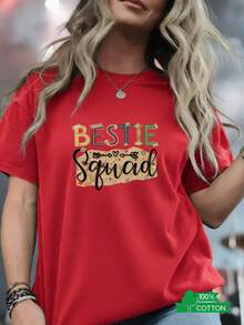 Women's Crew Neck T-Shirt With  2026 Anime And Letter Print, Simple Design, Comfortable And Breathable, Suitable For Sports, Casual And Everyday Wear, A Must-Have For Summer Parties, Local Shipping, BESTIE Letter Print T-Shirt. - 紅色 - 查看 1