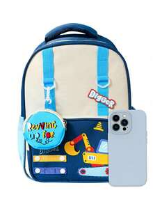 New Lightweight Comfortable Cute Tractor Print Student Sling Bag, Minimalist Multi-Function School Backpack - Blue - View 3
