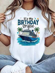 Women's Birthday Cruise Theme T-Shirt "It's My Birthday" With Palm Tree Decoration And Slogans, Casual Short Sleeve, Blue, Warm And Cheerful, Cruise Birthday Party Outfit, Women's Shirts, Cute Blouses For Women - 白色 - 查看 8