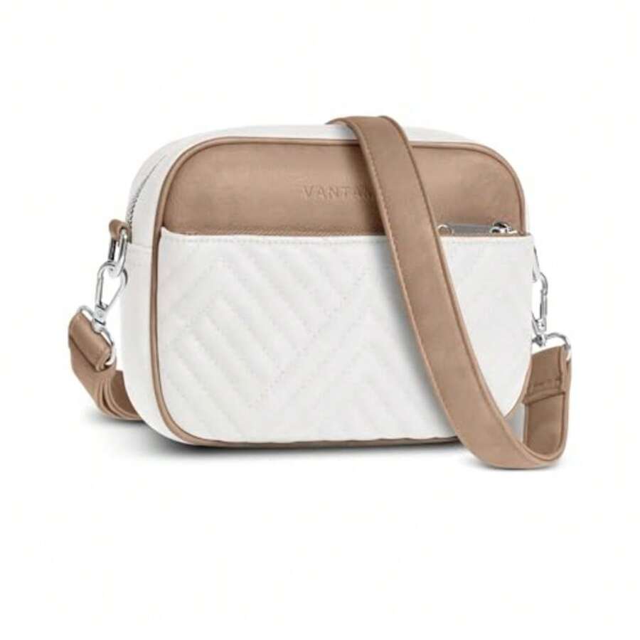 Premium Quilted Crossbody Bags For Women With Anti-Pickpocket Clip, Vegan Leather Handbags, Travel Purses For Women - 白色和石色,配人造皮革錶帶 - 查看 1