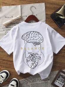 1 Piece-Shirt Short à Colrond Pour Femmes D'éé With Motif Imprinted In English Anatomy Of The Brain And The Heart BALANCE, Convenient For The Street, The Everyday, The Work, The Office Parties, The Sorties, The Holidays. Couleur Blanche, Summer Outfit Damen - White - View 6