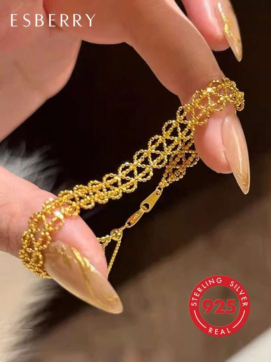 ESBERRY 1条925纯银蕾丝缎面手链，女士奢华日常佩戴饰品，优雅百搭，适合情人节、生日、派对和日常佩戴。