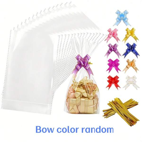 10/20pcs Colorful Bowknot Transparent OPP Plastic Bags With Golden Twist Ties, Suitable For Gift Display, Mother's Day, Thanksgiving, Birthday Party And More