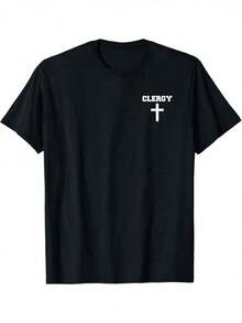 Black Cotton Clergy T-Shirt With "CLERGY" Cross Print – Casual Crew Neck T-Shirt For Pastors, Priests, And Ministers – Machine Washable, Comfortable Fit For All Seasons - 黑色 - 查看 1