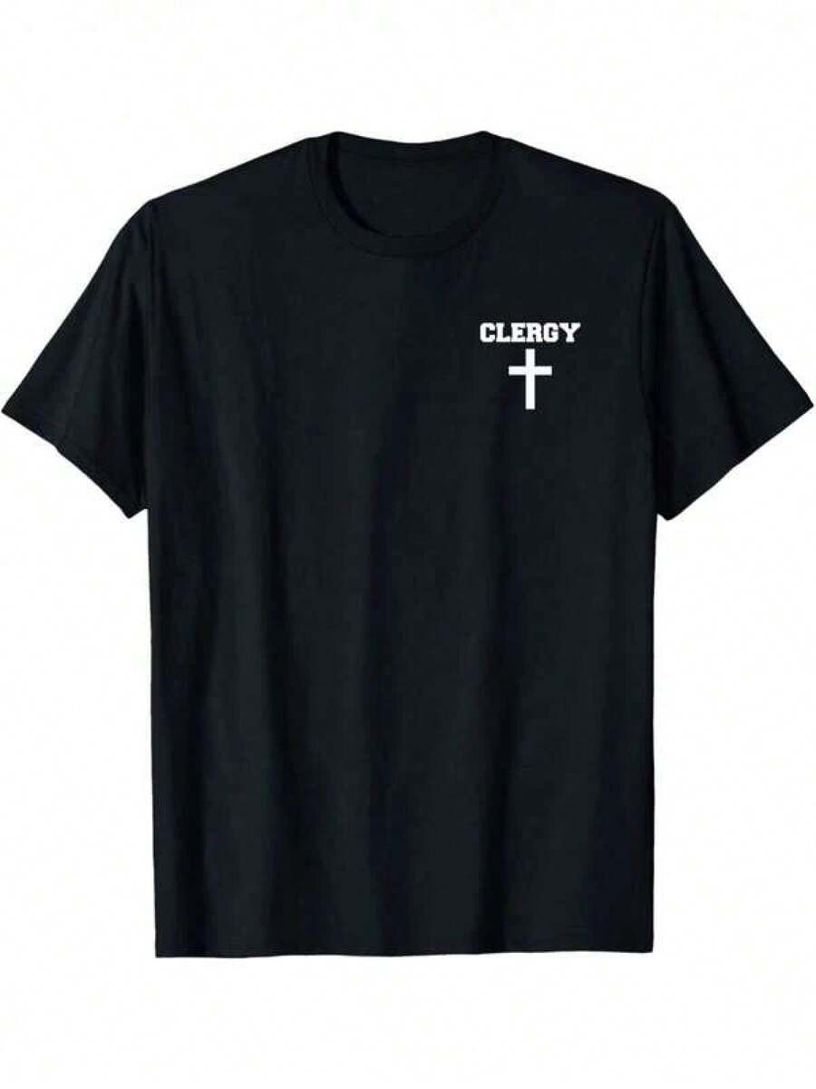 Black Cotton Clergy T-Shirt With "CLERGY" Cross Print – Casual Crew Neck T-Shirt For Pastors, Priests, And Ministers – Machine Washable, Comfortable Fit For All Seasons - 黑色 - 查看 1