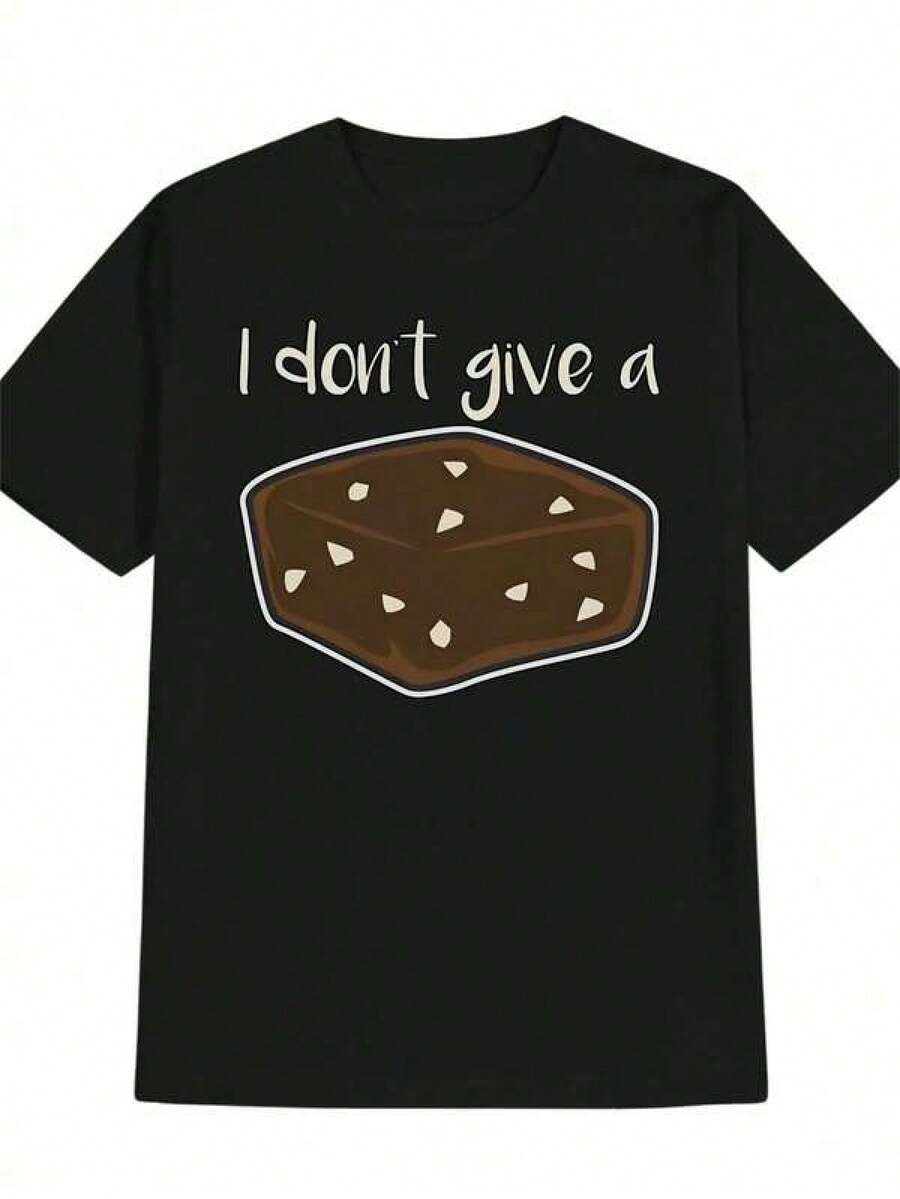 Men's Casual Short Sleeve T-Shirt With Chocolate Brownie Graphic Print "I Don't Care" - Black Crew Neck Summer T-Shirt, Machine Washable, Regular Fit For Men, Funny Gift Idea - 黑色 - 查看 1