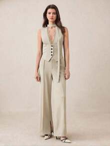 AYYBizChic Chaleco con cuello en V, recorte de encaje, parche delantero con botones y lazo en la cintura para mujeres, versátil para la oficina, ocasiones formales, elegante para el transporte urbano, uso casual diario, retro romántico de los 90, fiestas, graduaciones, invitados de boda, damas de honor, anfitrionas, salidas, eventos sociales, conciertos, brunches, aeropuertosAYY - Albaricoque - Ver 6