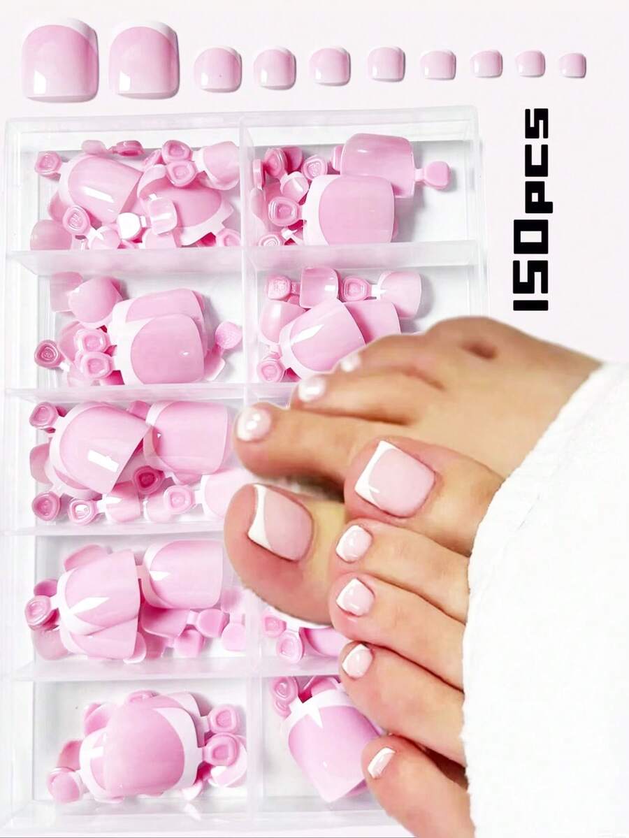 150PCS Móng chân giả vuông ngắn phong cách Pháp bóng đa màu, phủ kín với miếng dán móng mềm có thể tháo rời, phù hợp cho DIY tiệm nail và sản phẩm móng chân cho phụ nữ và trẻ em gái tại nhà - Nhiều màu - Xem 1