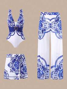 Swim Oasis Conjunto de traje de baño de una pieza 2025 con estampado, falda y pantalones de malla para mujer, conjunto de traje de baño informal para playa y vacaciones de verano - Azul y blanco - Ver 9