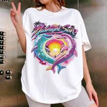 Tropical Sunset Dolphin Airbrush Tee, Casual Crew Neck Short Sleeve Oversized T-Shirt For Vacation & Festival, Retro Y2K Dolphin Graphic T-Shirt, Casual Crew Neck Short Sleeve Oversized Tee For Women,2026 Summer Women's Y2K Graphic Tees, Independence Day Pride Month Graduation Back To School Teacher Theme Loose Casual Oversized T-Shirt, Plus Size Tops - 白色 - 查看 1