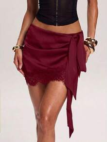 Minifalda elegante de mujer con parches de encaje y cintura con lazo, para verano - Burdeos - Ver 12