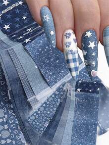 10Tờ/Bộ Miếng Dán Chuyển Mẫu Móng Y2K Punk Họa Tiết Denim Xanh, Hình Trái Tim Ngôi Sao Kẻ Caro, Giấy Chuyển Mẫu Móng Kết Cấu Quần Jeans Xanh DIY, Miếng Dán Bọc Móng Denim Xanh - Nhiều màu - Xem 4