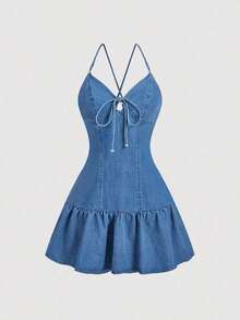 Vestido de mezclilla casual y de fiesta con pliegues y lazo para mujer - Azul - Ver 5
