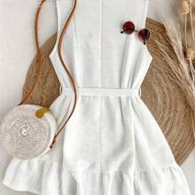 Soqi Women's Clothing  Vestido mini de mujer con cuello en V sin mangas, cintura con lazo y dobladillo con volantes, adecuado para primavera, verano, otoño e invierno, apropiado para citas, casual elegante, ir al trabajo, vestido de resort para mujer, atuendo de oficina, versátil, de moda, uso casual diario, elegante para playa/ - Rosa - Ver 3