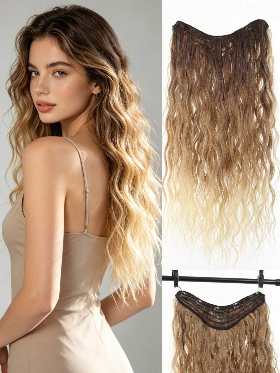 Extensiones de cabello de 24 pulgadas con clip, extensiones de cabello ondulado, degradado dorado con extensiones de cabello para mujeres, pinzas deslizantes para el cabello, pinzas de garra - Multicolor - Ver 1