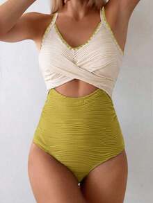 Swim Lushoire 1 pieza Traje de baño de una sola pieza modesto para mujer con estampado ondulado, traje de baño de playa estilo sexy europeo y americano con cruce - Multicolor - Ver 3