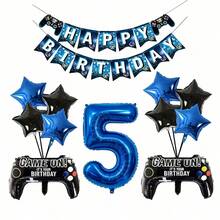遊戲主題生日派對裝飾套組，藍黑數字氣球 1-12、生日快樂海報、遊戲手把氣球 - 查看 13