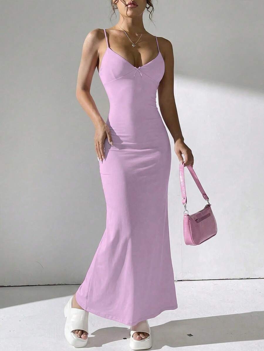 Vestido de encaje ajustado, de tirantes finos y largo, elegante y romántico para cita nocturna, Día de San Valentín o fiesta de verano - Rosa Pálido - Ver 1
