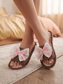 Pantuflas de mujer de punta abierta, pantuflas cómodas para interiores y silenciosas, de tela de pana con diseño de lazo de encaje, adecuadas para dormitorio, sala de estar, dormitorio - Caqui - Ver 2
