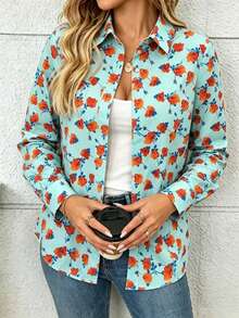 Women's Floral Print Long Sleeve Single-Breasted Casual Shirt - Pale Green - View 2