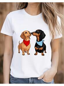 Camiseta para mujer con lindo estampado de perro salchicha, atuendo casual de verano, regalo para amantes de las mascotas 2D, blusas bonitas para mujer, camiseta de mujer de diseño holgado casual, holgada y ligeramente extralarga - Blanco - Ver 7