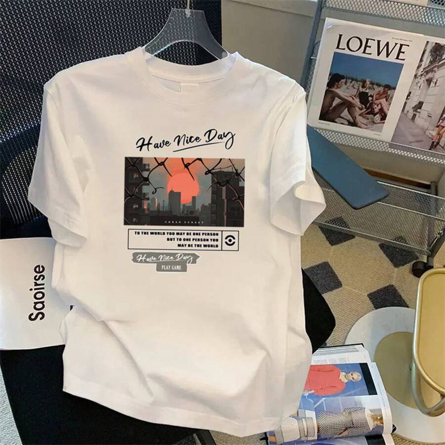Special: Men's Short Sleeve Summer T-Shirt, Round Neck, Loose Fit, Modern Print, Fashionable Student Sports T-Shirt. - 黃色 - 查看 1