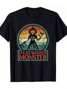 Men's Short Sleeve T-Shirt FLATWOODS - 100% Cotton, 180g Weight, Retro Pattern Print "Simple Monster" Design, Regular Fit, Casual, Mother's Day Gift, Sizes S-XXXL, Black, All Season Clothing, Classic Crew Neck, Machine Washable, Durable Fabric, Plus Size - 黑色 - 查看 11