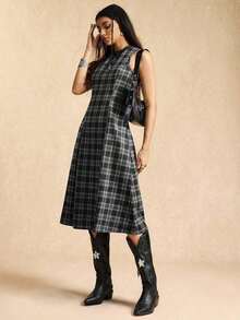 AYYEaselle Vestido de cuadros sin mangas con recogido en la cintura y silueta evasé para mujer, vestido de cuadros a media pierna, vestido de cuadros para mujer, vestidos de estilo francés para mujer, vestidos para mujer ElenzgaAYY - Blanco y Negro - Ver 4