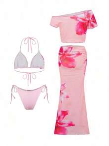 Swim  Conjunto de vacaciones para mujer de 4 piezas: Top de bikini triangular con estampado de cuello halter, Bottom de traje de baño, falda larga tipo sarong y cubrecuerpo.Conjunto de 2 piezas floral con falda maxi, conjunto de 2 piezas de verano para mujer - Rosa - Ver 8
